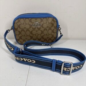Coach Signature Jamie Crossbody (Khaki/Racer Blue) Logo Print Brown Thick Strap